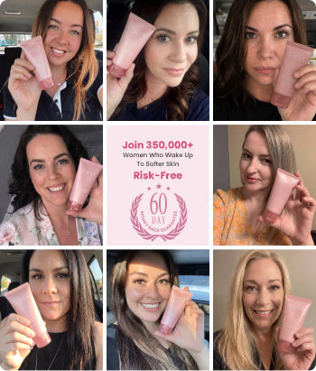 Community collage of women using the Quia collagen mask, with 60-day money-back guarantee
