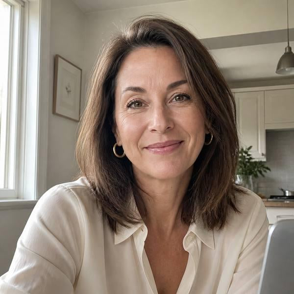 Author photo of a smiling woman with shoulder-length brown hair