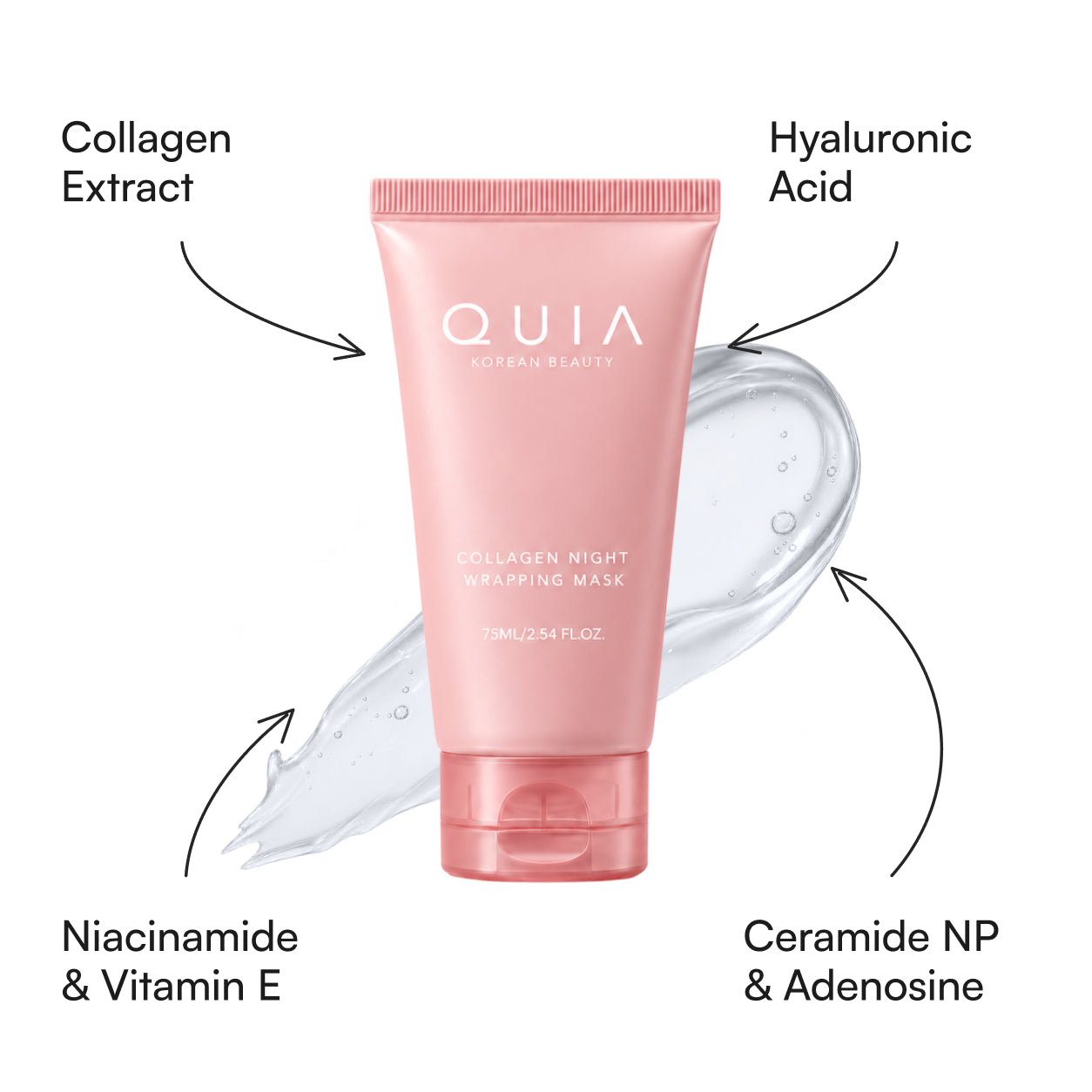 Collagen extract, hyaluronic acid, niacinamide, vitamin E, ceramide NP and adenosine