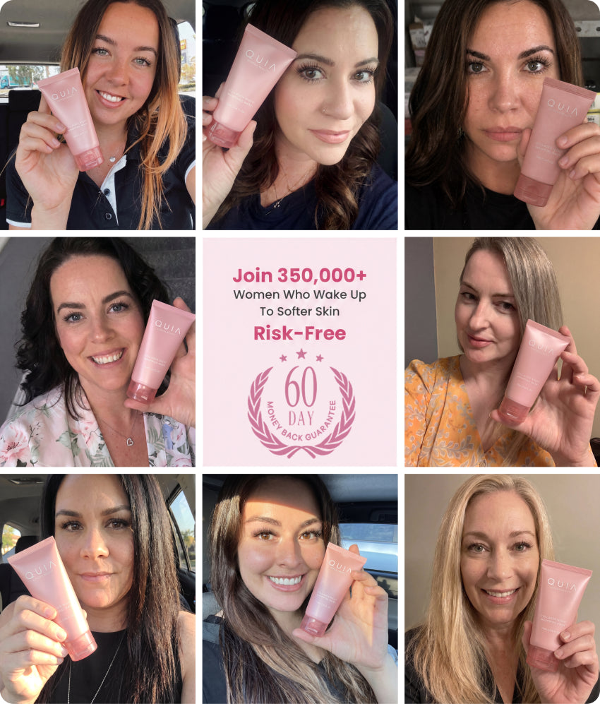 Community collage of women using the Quia collagen mask, with 60-day money-back guarantee